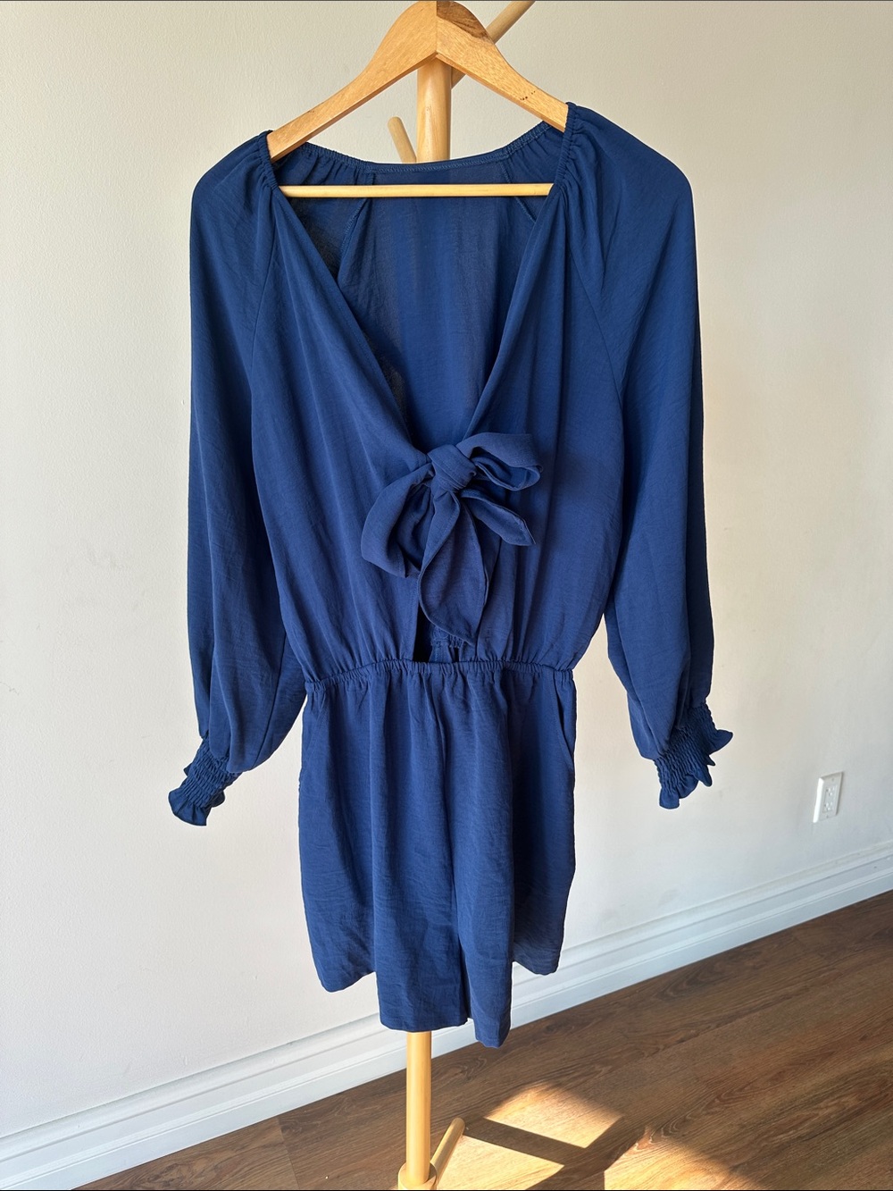 Navy Blue V-Neck Tie Front Long Sleeve Romper